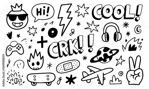 Hand-drawn doodle vector set with cool icons like skulls, smiley faces, lightning bolts, game controller, and more. Perfect for t-shirts, stickers, and streetwear graphics. 