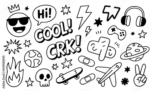 Hand-drawn doodle vector set with cool icons like skulls, smiley faces, lightning bolts, game controller, and more. Perfect for t-shirts, stickers, and streetwear graphics. 