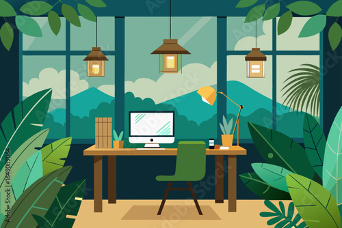 Cozy home office with a wooden desk and a comfortable chair by a window