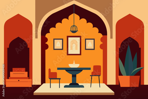 Classic, luxury interior architecture and decoration of the Taj Mahal in Agra, India, with a table, chair, and light