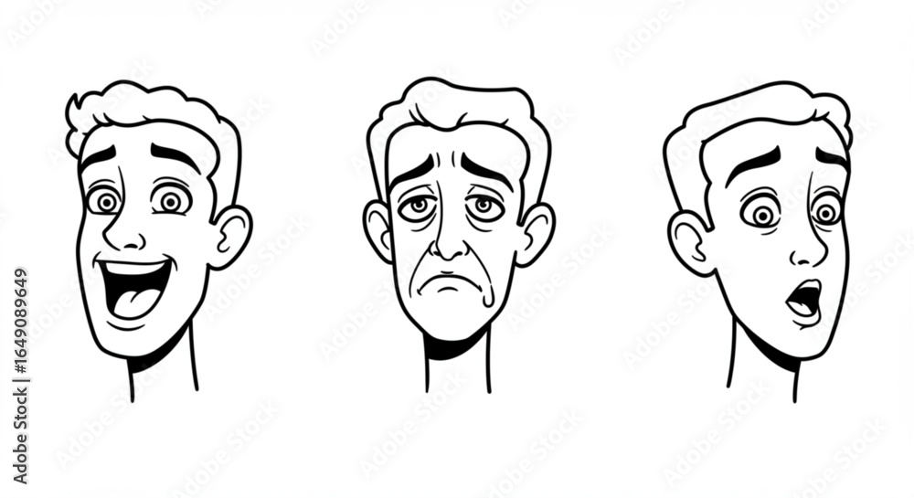 Fototapeta premium Illustration of three cartoon faces showing different emotions including happiness sadness and surprise expression vreated with genrated ai