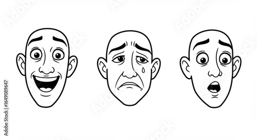 Three cartoon faces showing different emotions including happy sad and surprised expressions drawn in black vreated with genrated ai
