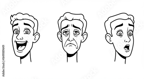 Illustration of three cartoon faces showing different emotions including happiness sadness and surprise expression vreated with genrated ai