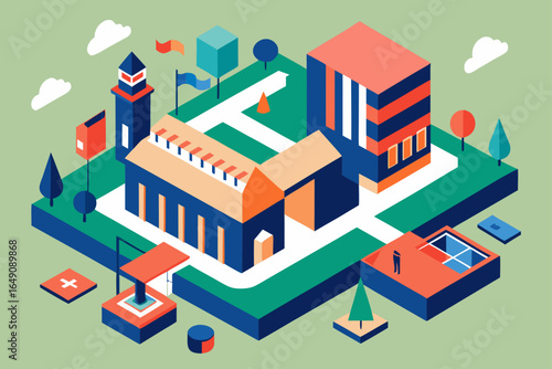 Abstract vector illustration of an isometric urban city with architecture, construction, and street design, suitable for a business real estate map