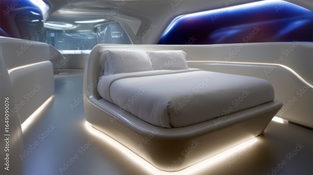 Fototapeta premium Futuristic bedroom design modern home interior architecture sleek environment minimalist viewpoint innovative concept