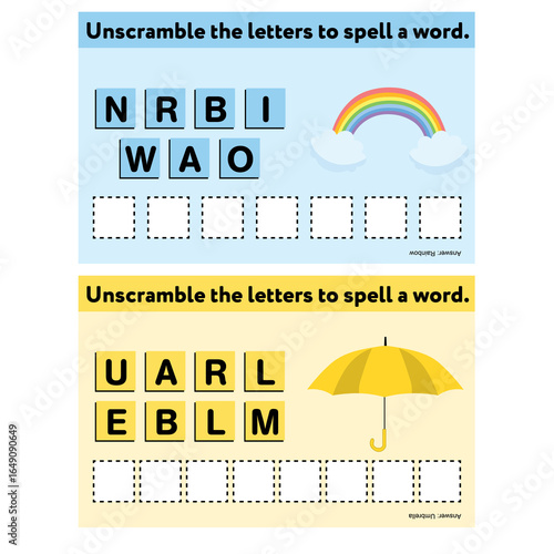 Unscramble the letters to spell a word rainbow umbrella