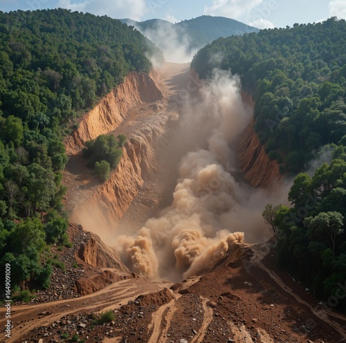 A dramatic landslide occurs on a hilly terrain, with a dirt road and track leading into the scene, where a massive cloud of dust and debris billows upwards