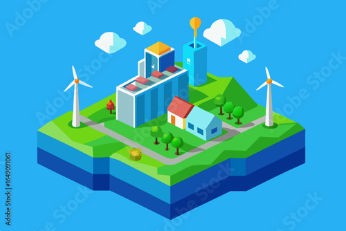 Isometric vector illustration of wind turbines and a power plant generating green energy in an urban residential area with trees and a factory