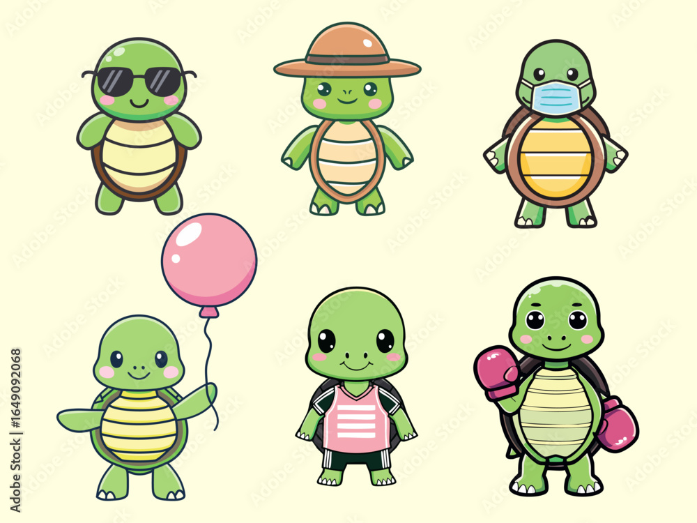 Fototapeta premium cute-cartoon-turtle-vector-icon-set