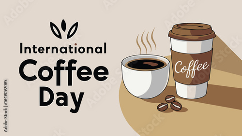 International coffee day celebration with hot coffee and takeaway cups