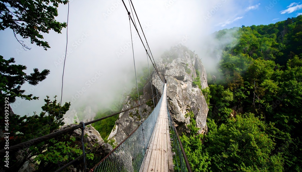 Obraz premium Mountaintop suspension bridge, fog