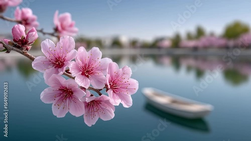 Peach Blossoms Blooming by the Lakeside in Spring