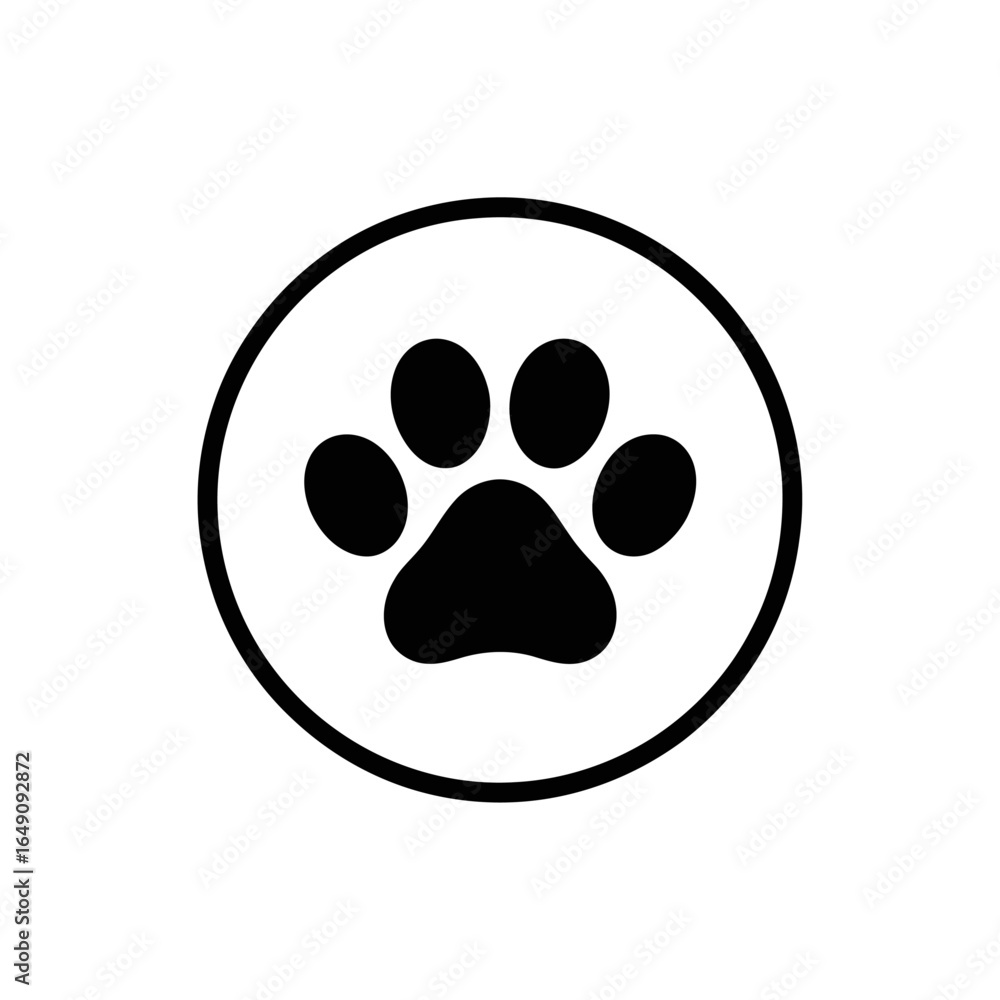 Fototapeta premium Pet Paw Print Icon - Circle Bordered Black and White Design, paw print icon.