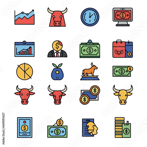 Financial icons depict commerce trading in a modern style