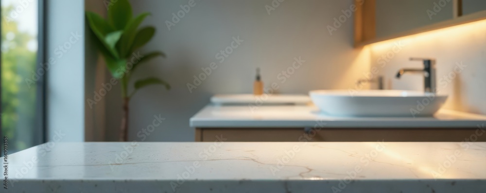Fototapeta premium Blank tabletop, blurred upscale bathroom background, luxury, empty
