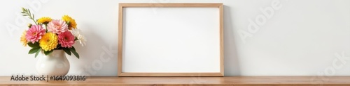 Blank picture frame on wooden surface, floral arrangement, white backdrop , display, photography, floral