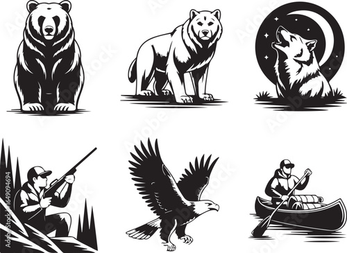 Wildlife and outdoor recreation illustrations in bold black and white