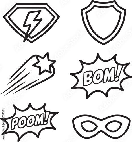 Hero Symbol Doodle Pack — Line Art Icons of Superpowers, Emblems, Shields, Stars, and Motion Effects