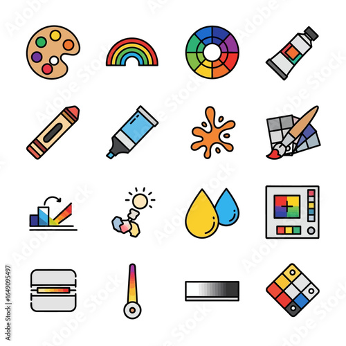 Colorful art supplies showcase tools in creative workspace graphic