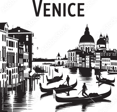 Venice gondolas gliding on canal with iconic architecture