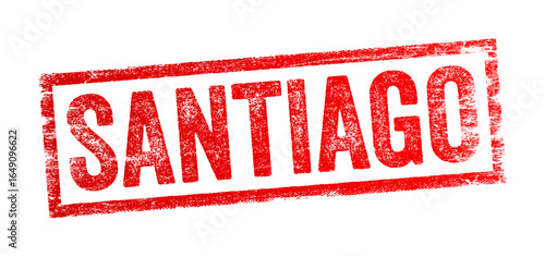 Bold grunge-style rubber stamp design featuring the word SANTIAGO, representing the capital city of Chile or other locations named Santiago, with a textured, worn, and urban-inspired look