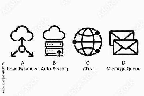Cloud Computing Architecture: Load Balancer, Auto-Scaling, CDN, and Message Queue Icons for IT Infrastructure
