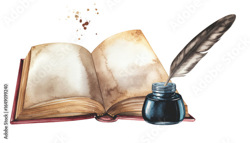Old open book with vintage quill and feather writing literature object isolated on white background