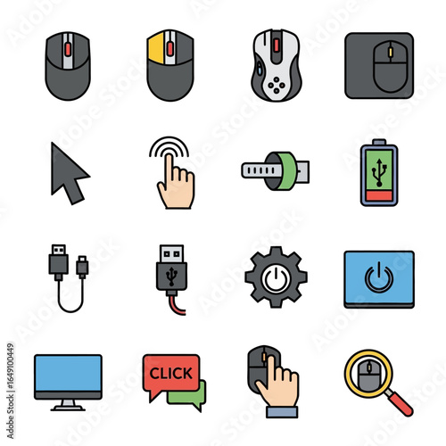 Various gadgets display assorted icons on white