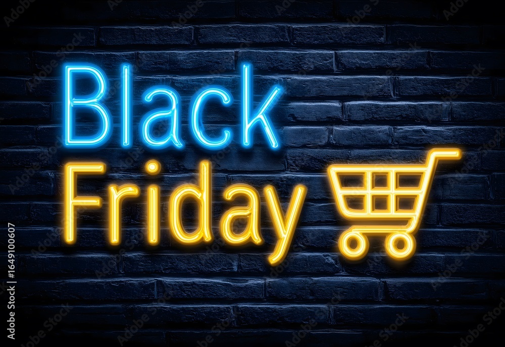 Obraz premium Black friday neon sign with shopping cart on brick wall
