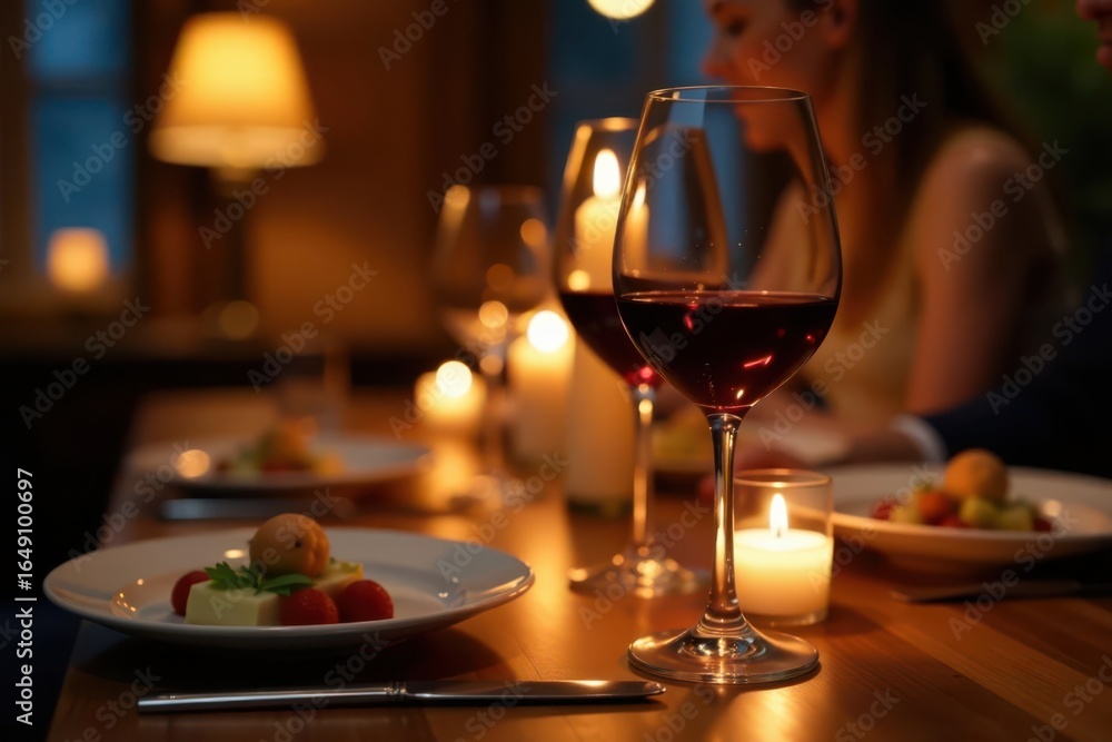Obraz premium Candlelit dinner, close-up wine glasses clinking , wood, texture, anniversary