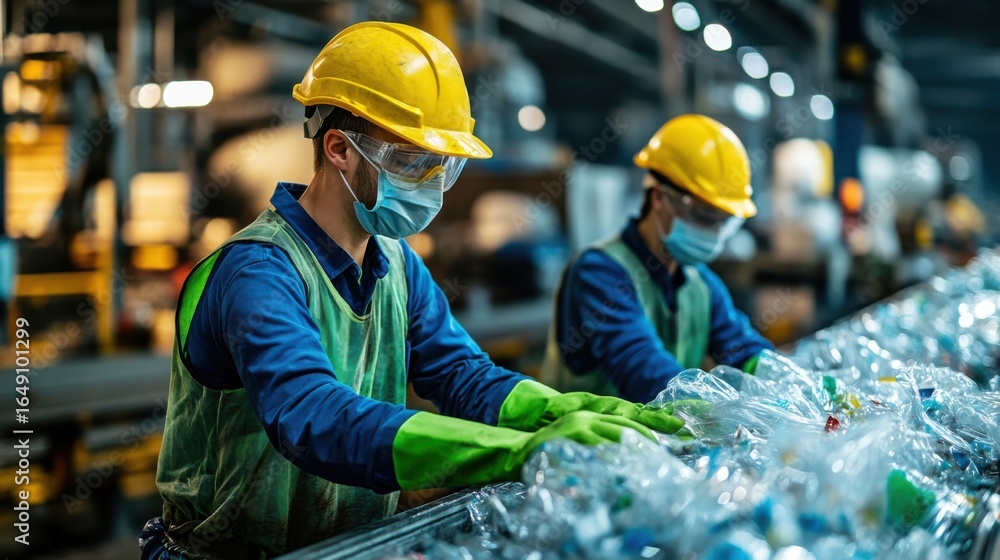 Fototapeta premium Recycling workers organizing plastic waste industrial facility editorial image indoor setting close-up view sustainability efforts