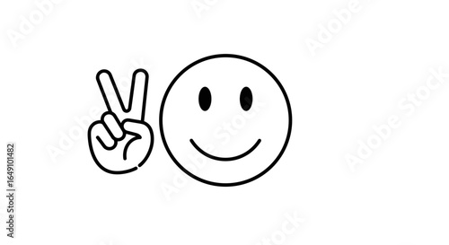Smiling face emoji with peace sign hand in black and white style