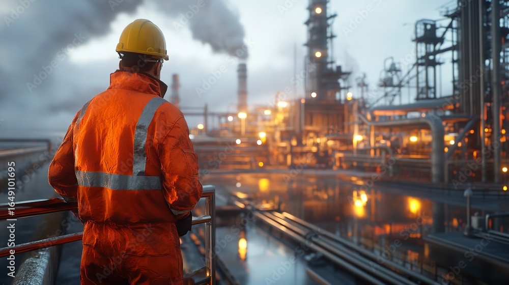 A worker in orange uniform and yellow hard hat looking at a large industrial complex with smoke stacks A worker in orange uniform and yellow hard hat looking at a large industrial complex with smoke stacks