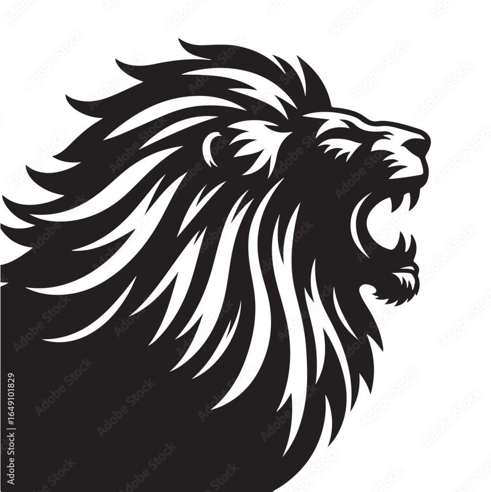 Fototapeta premium Stylized black and white vector illustration of a powerful roaring lion head with a majestic mane, perfect for a logo or emblem design