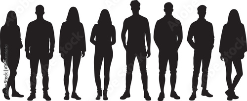 A diverse group of young men and women standing together. Collection of black vector silhouettes of people.