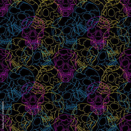 Halloween neon skull spooky seamless pattern. With dotted line in yellow, blue and purple on a black background. Perfect for Halloween, fashion, textile, wall paper, background and modern design.