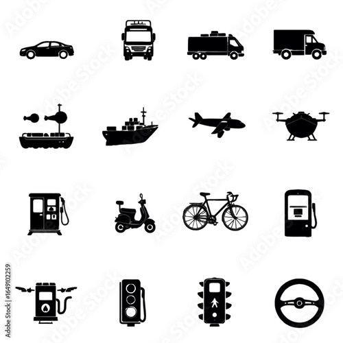 Set of 12 minimalist solid black vector icons with transport and vehicles theme including car, bus, truck, ship, airplane, train, bicycle, scooter, helicopter, fuel pump, traffic light, and steering w