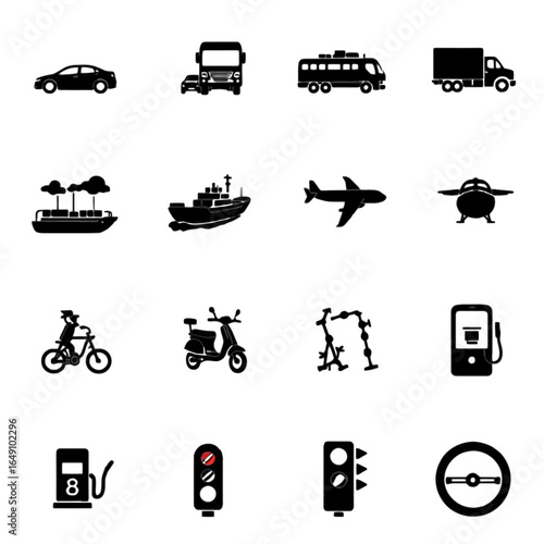 Set of 12 minimalist solid black vector icons with transport and vehicles theme including car, bus, truck, ship, airplane, train, bicycle, scooter, helicopter, fuel pump, traffic light, and steering w
