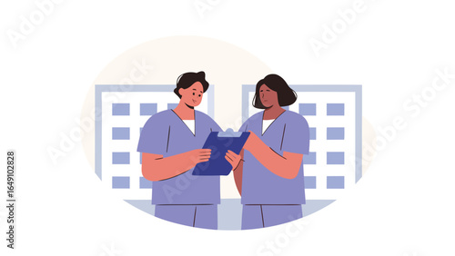 Two healthcare workers in scrubs reviewing a clipboard in front of a window with light background