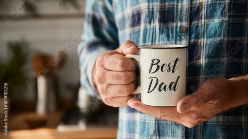Close-Up of Father's Hands Holding 'Best Dad' Coffee Mug in Warm Morning Light