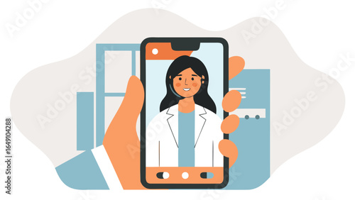 Person holding phone showing doctor during a telehealth appointment in a modern office setting view