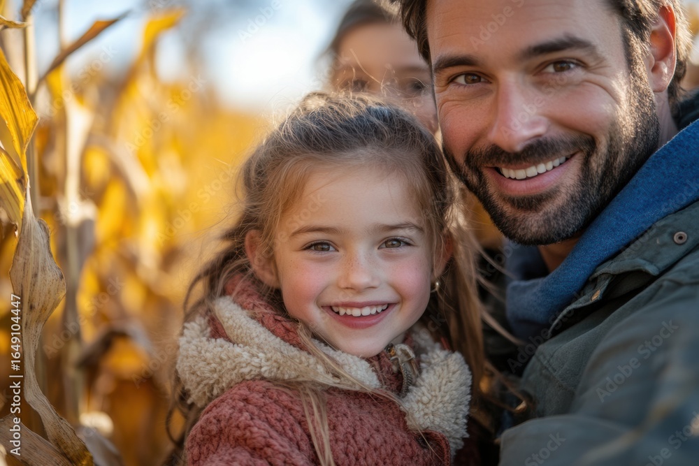 Obraz premium Smiling father and daughter enjoy a joyful moment in a cornfield during autumn