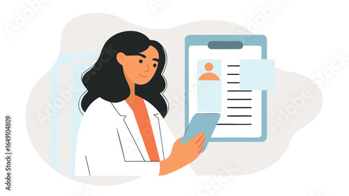 A doctor in a white coat is using a tablet while standing next to a patient information chart in a clinic