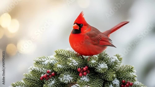Bright Red Cardinal Perched on Frosted Pine Branch with Holiday Decorations in Soft Focus