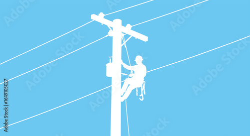 Silhouette of lineman climbing utility pole, working on power lines, electrical maintenance, safety equipment, high voltage, energy repair technician