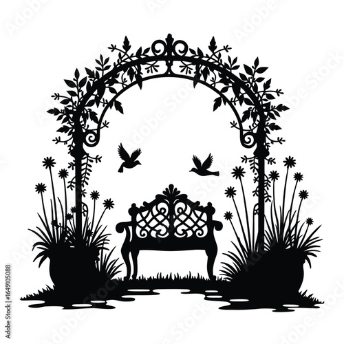 Black silhouette of ornate garden arch with bench and birds