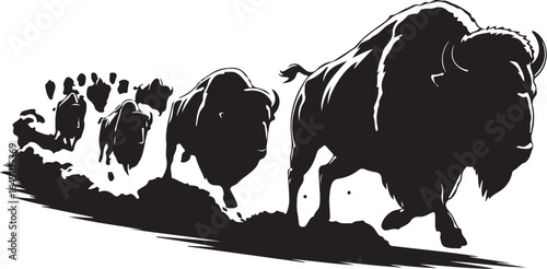 Powerful bison herd charging across plains with dust flying