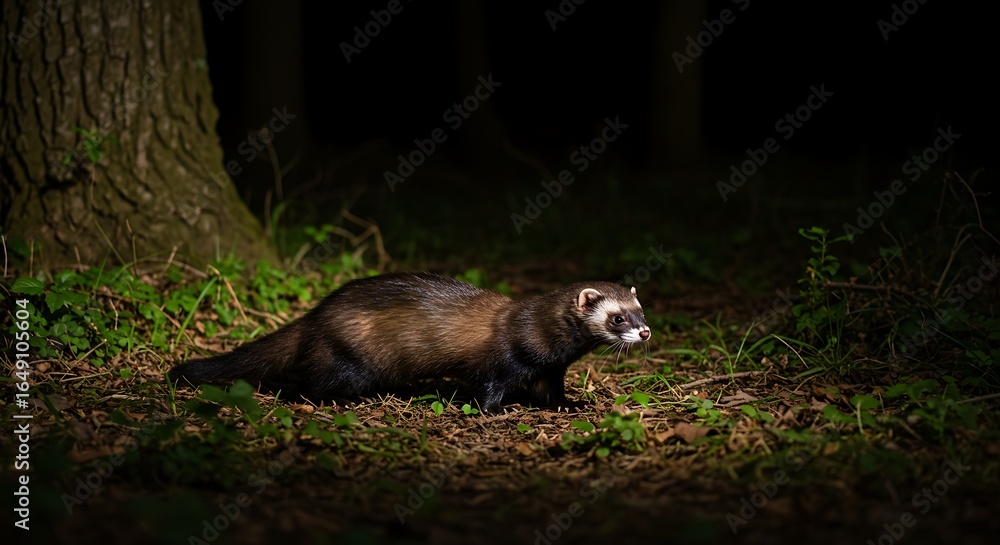 Fototapeta premium Alert Polecat Captured in a Dramatic Spotlight in a Dark Forest