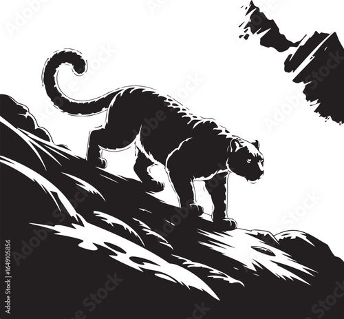 Powerful panther prowls rugged mountain terrain at dawn