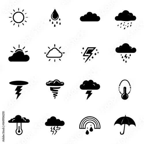 Set of 12 minimalist solid black vector icons with weather theme including sun, cloud, rain drop, snowflake, storm cloud, thunderbolt, tornado, fog, rainbow, thermometer, wind, and umbrella, clean fla